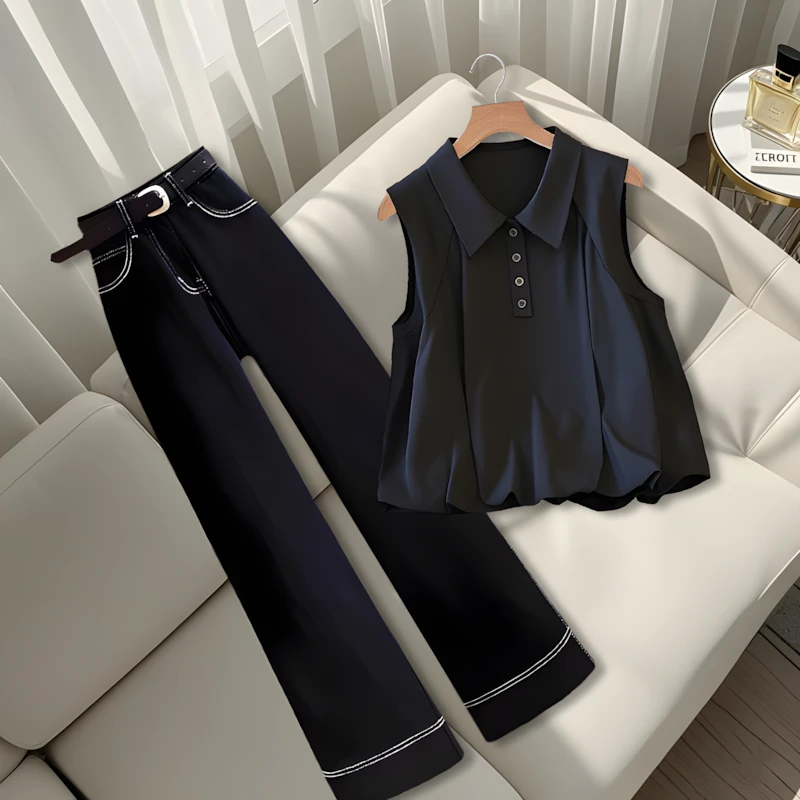 2025夏季新款韩系极简风polo衫无袖黑色衬衫高腰黑色牛仔裤两件套