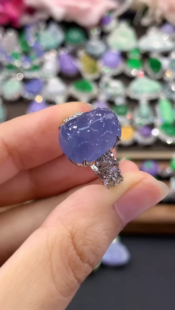 18K金镶嵌戒指翡翠C392 紫货有色差