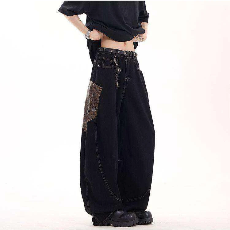 蛇年限定【原牛黑曼巴】弯刀蟒黑色牛仔裤阔腿男女裤子