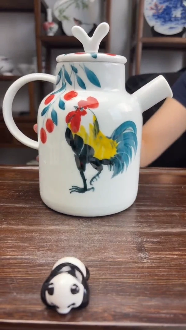 瓷片国韵瓷坊-手绘公鸡凉水壶孤品