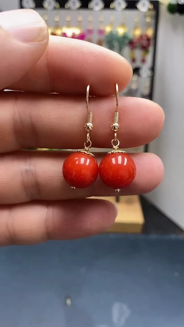 银S925镀金镶嵌南红玛瑙耳饰尺寸12mmC2