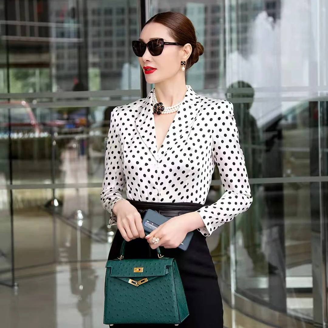 EDFNOT/杨红霞汝意MSZZ1079白底黑波点真丝单西服衬衣