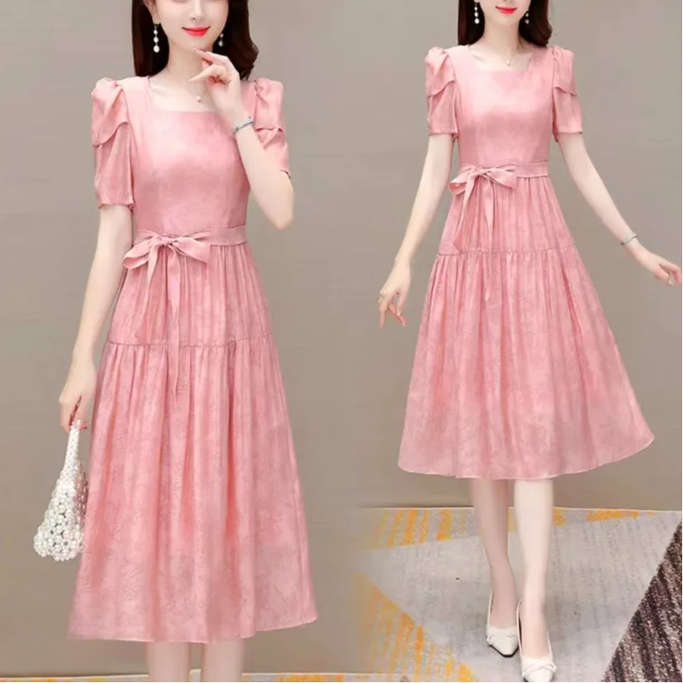 L123 法式小方领暗纹印花收腰显瘦甜美气质连衣裙A12