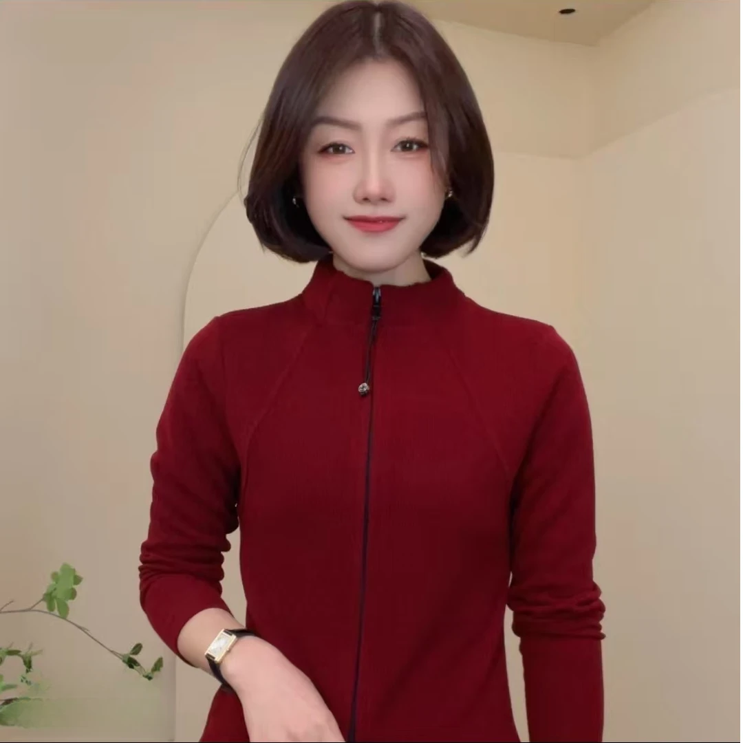 新21000春季新款双拉链半高领开衫显瘦百搭时尚女士修身打底长袖