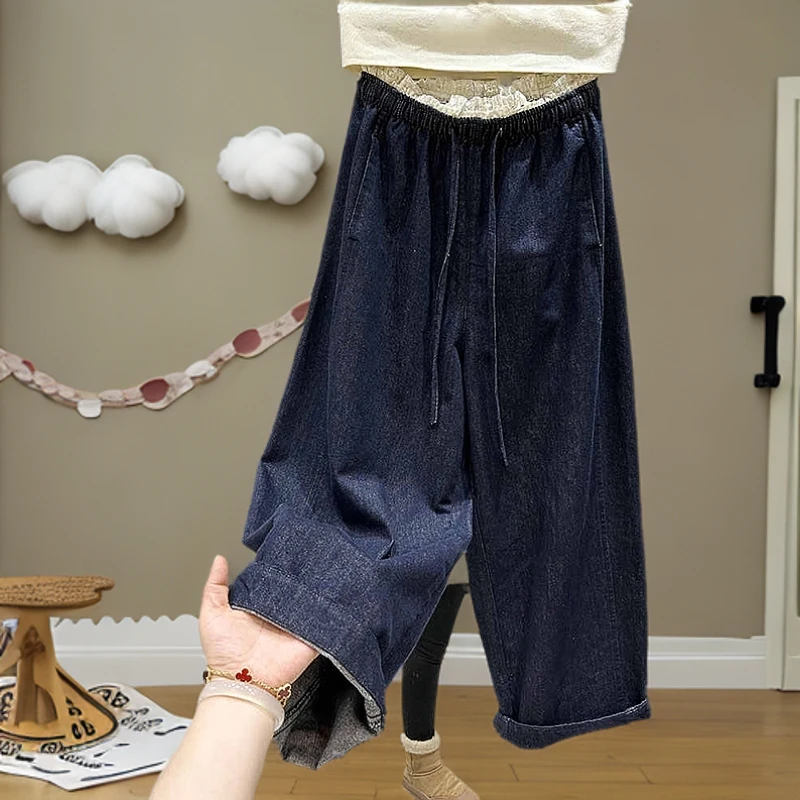 2025夏季款大码胖妹妹梨形身材宽松韩系蕾丝拼接松紧腰牛仔阔腿裤