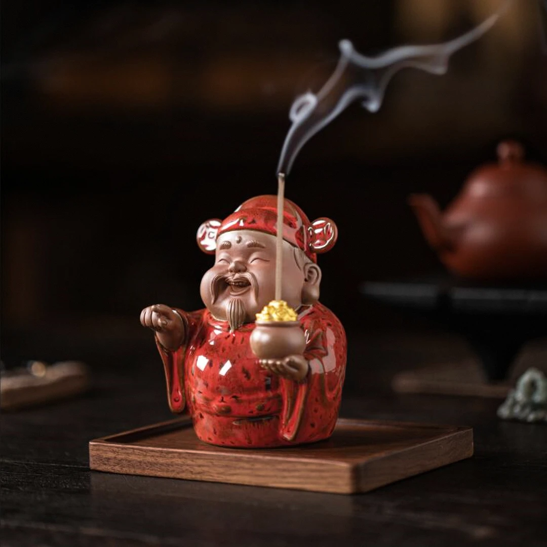 指你发财陶瓷小财神摆件家用室内线香炉香插禅意茶桌装饰品点香器