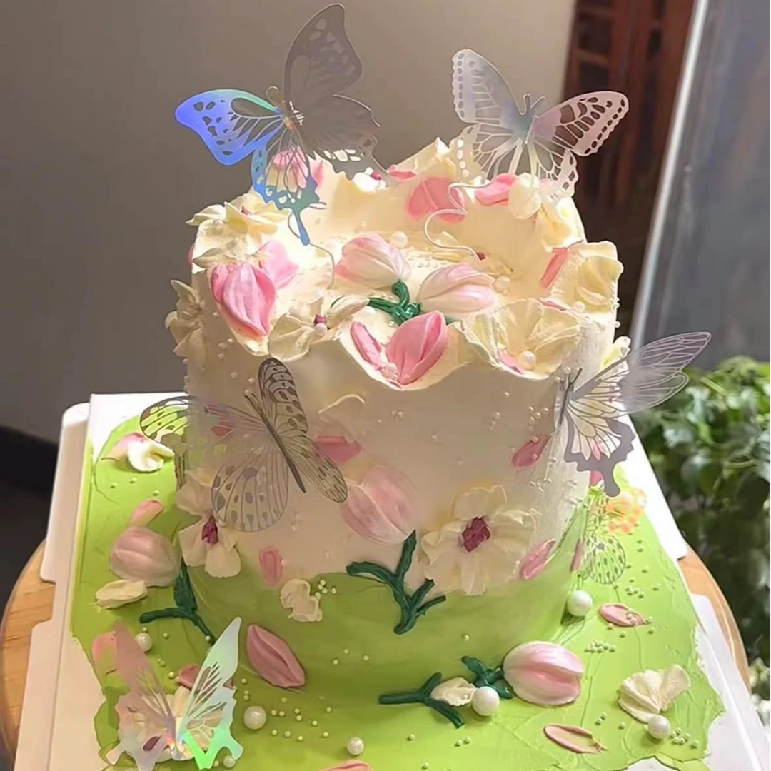 黑白色系唯美镂空立体蝴蝶插件生日蛋糕装饰插卡高级女神甜品插牌