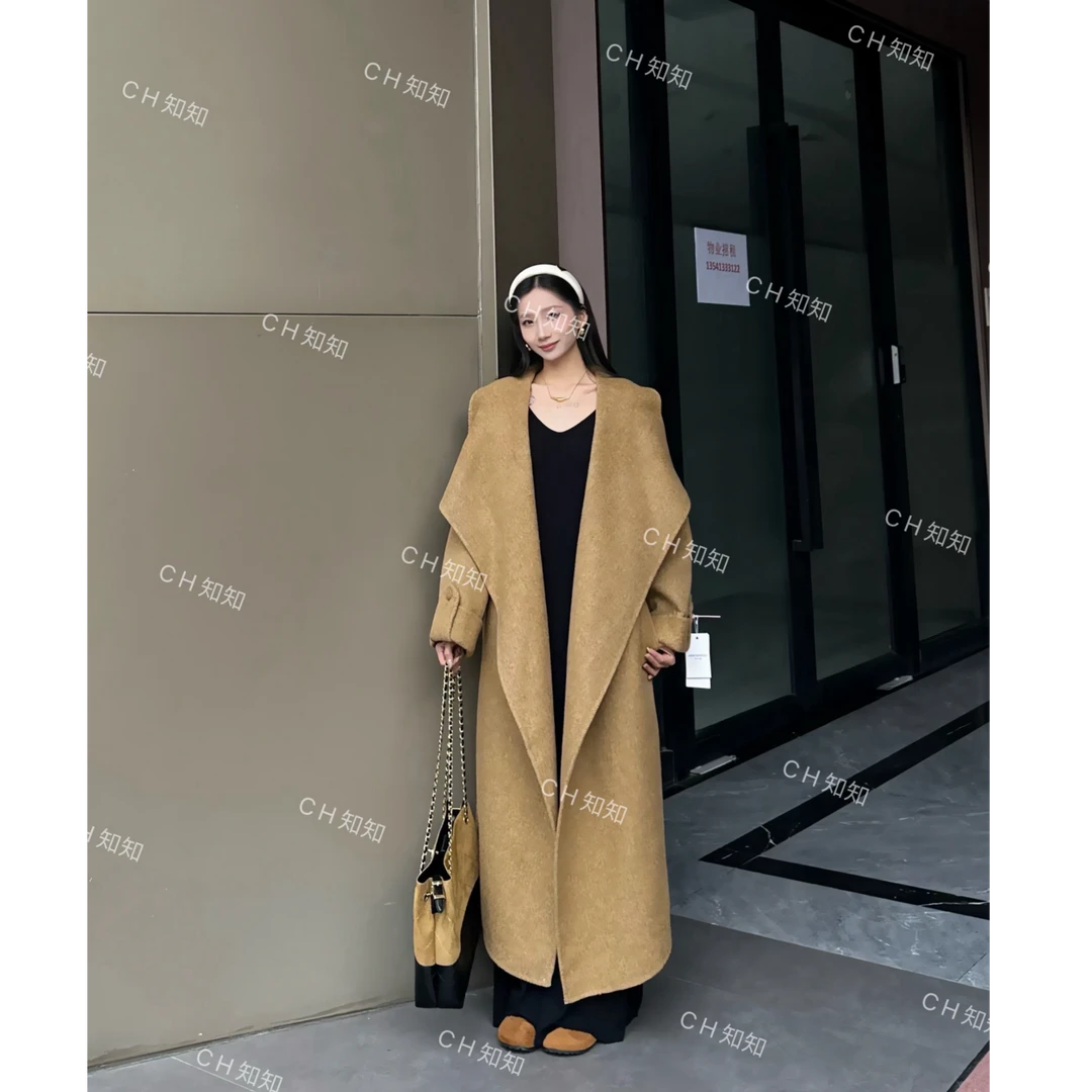 【】冬季时尚气质修身百搭宽松桑蚕丝羊毛大衣外套24010