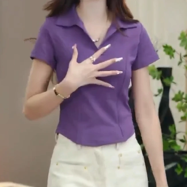 纯色POLO领正肩短袖T恤女2025夏季新款修身显瘦百搭短款鱼骨上衣