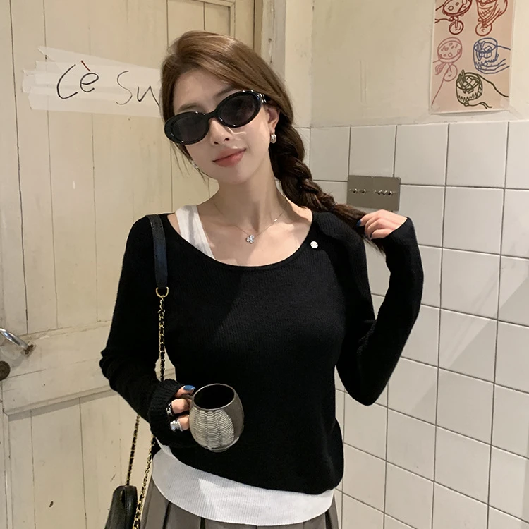 设计感辣妹假两件针织衫女春季新款显瘦长袖打底小众韩版百搭上衣