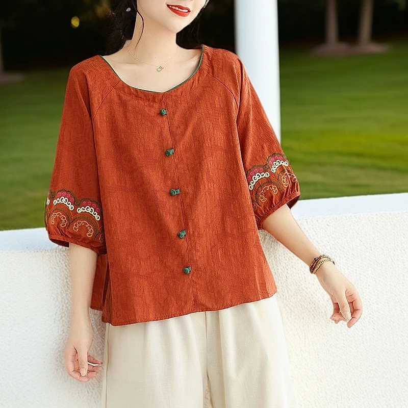 GiftPalm亚麻小衫上衣女夏复古刺绣提花套头棉麻短袖衬衫国风盘扣