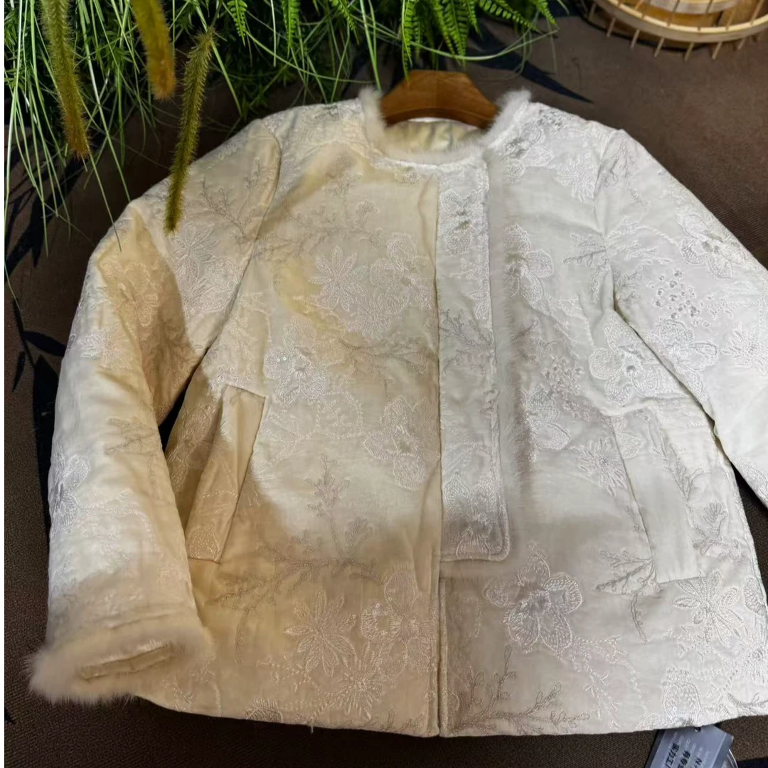 新中式轻奢风羽绒服外套水貂毛毛拼接羽绒服2024