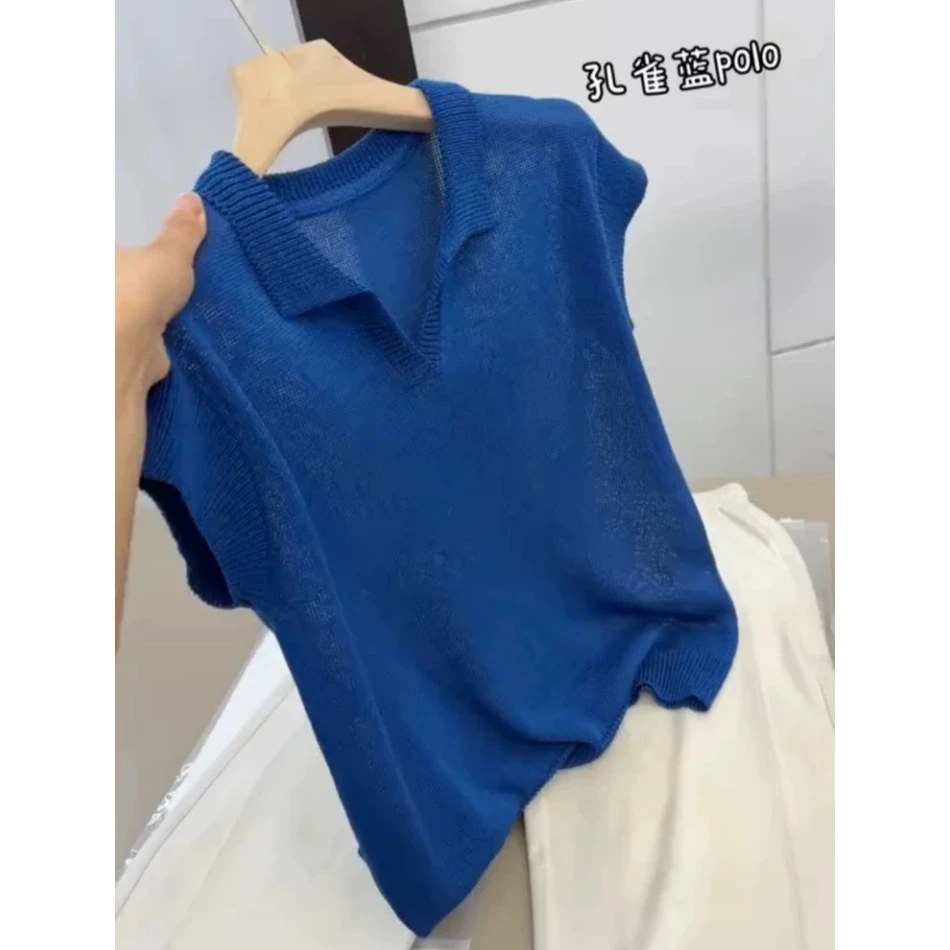 3298【无袖翻领针织衫】韩系简约女士百搭休闲小衫