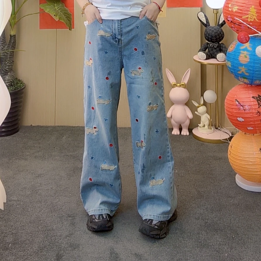 2025春季新款刺绣水洗牛仔裤阔腿蜡条小狗百搭宽松高腰时尚休闲