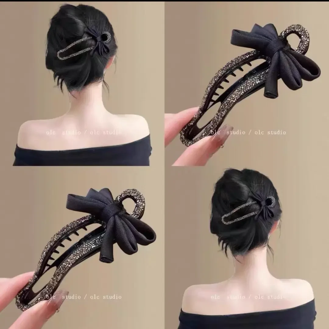 气质碎钻蝴蝶结发卡抓夹女后脑勺懒人盘发神器鸭嘴夹一字夹子头饰