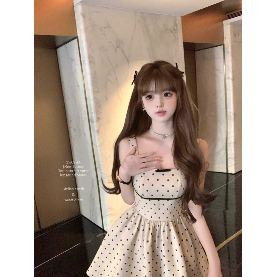 pinkmoon波点吊带连衣裙女撞色蝴蝶结生日party小礼裙千金背心裙