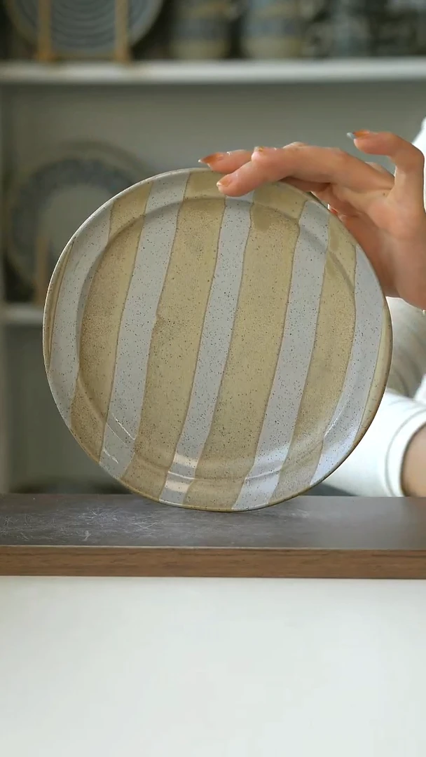 陶画釉条纹小深盘19cm@4-2@