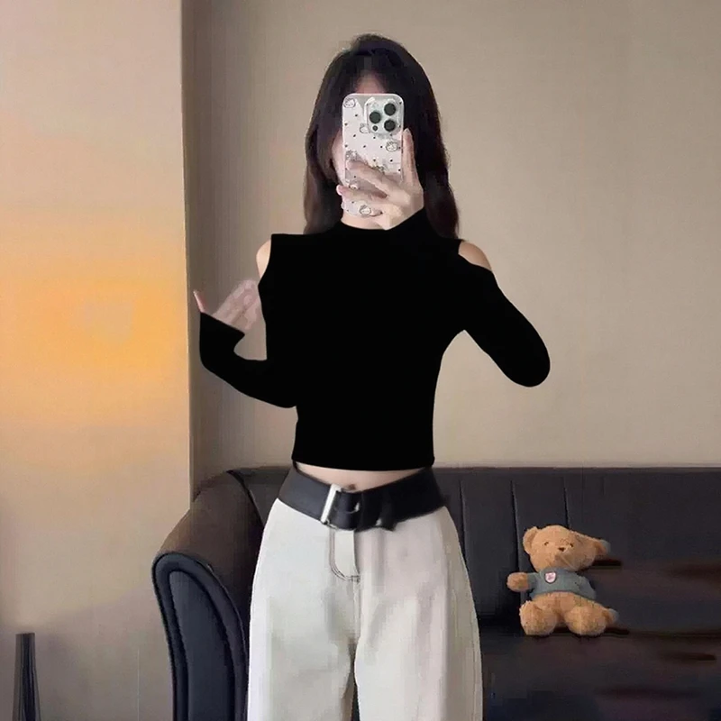 新款半高领打底衫女2025春秋新款长袖心机修身上衣露肩T恤小个子