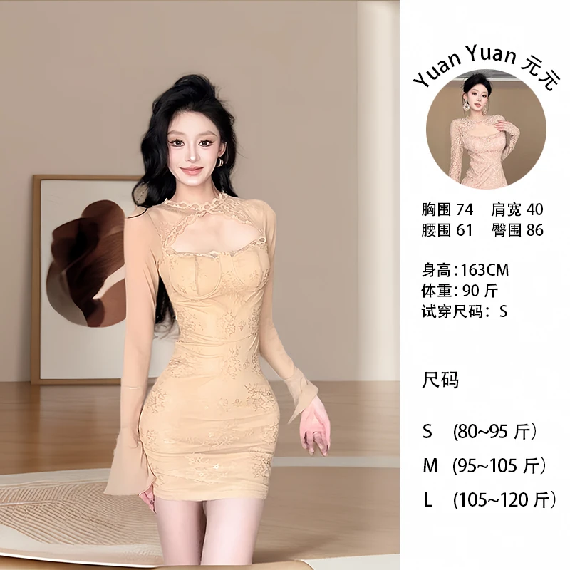 f8/C098【元元】纯欲风网纱蕾丝连衣裙女秋季长袖镂空修身包臀短裙