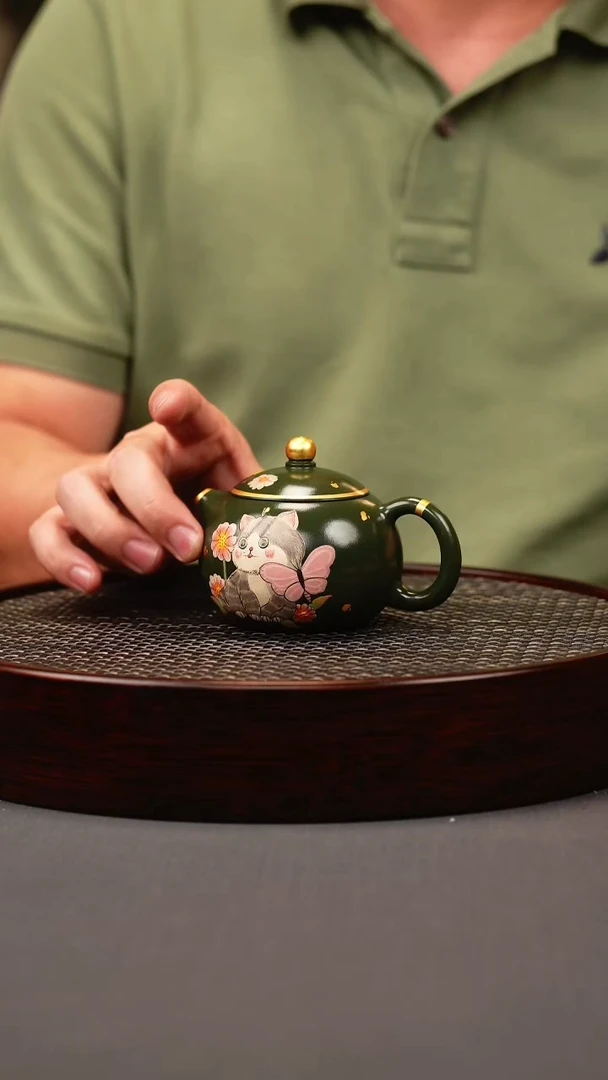 茶壶紫砂绿泥 西施 刻小猫