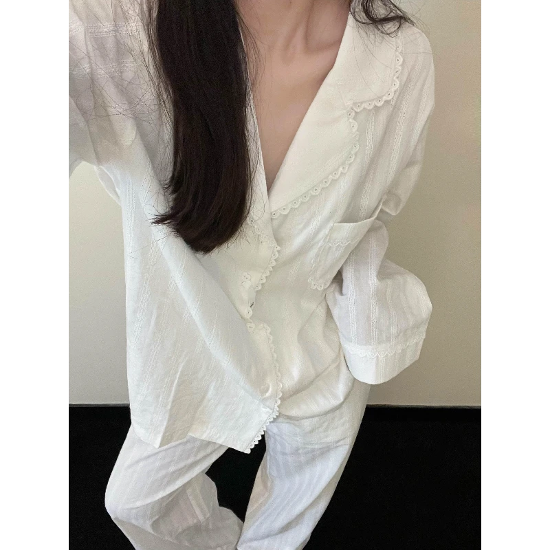 【纯白花边】甜美白月光长袖纯棉睡衣女春秋新款休闲宽松家居服套装