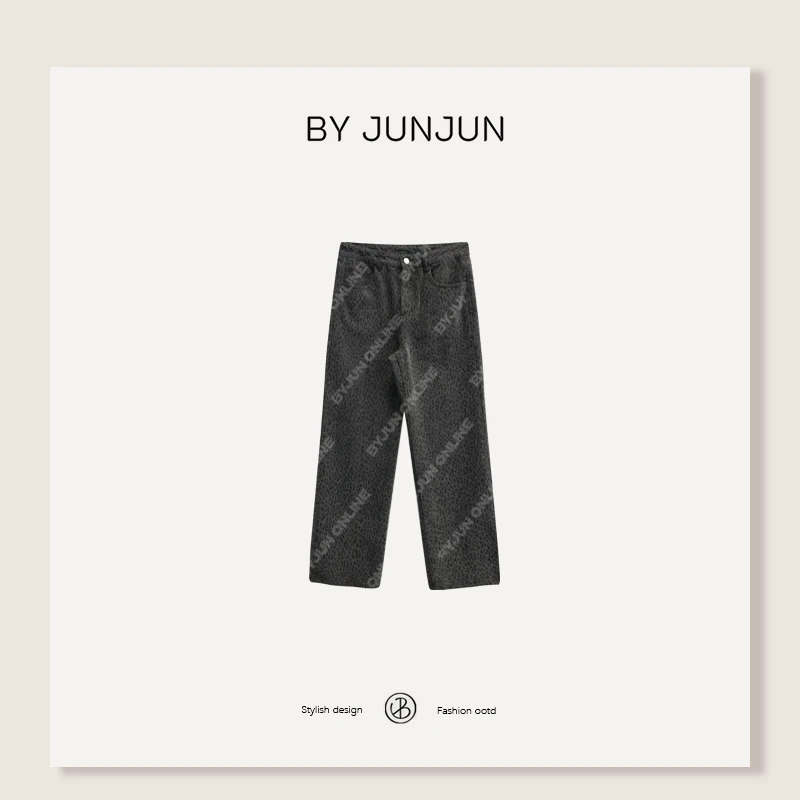 ByJunjun2025春夏新品【帅豹】 洗水黑豹纹小直筒牛仔裤
