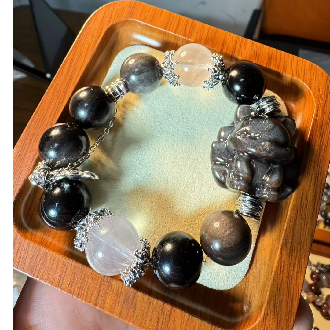 天然黑曜九尾白水晶手串 棠禧诺原创 多样性发其一A203