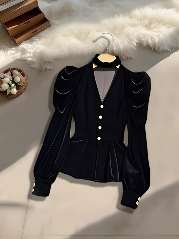 小香风黑色丝绒长袖衬衫女款2025早春新款挂脖法式独特漂亮上衣女