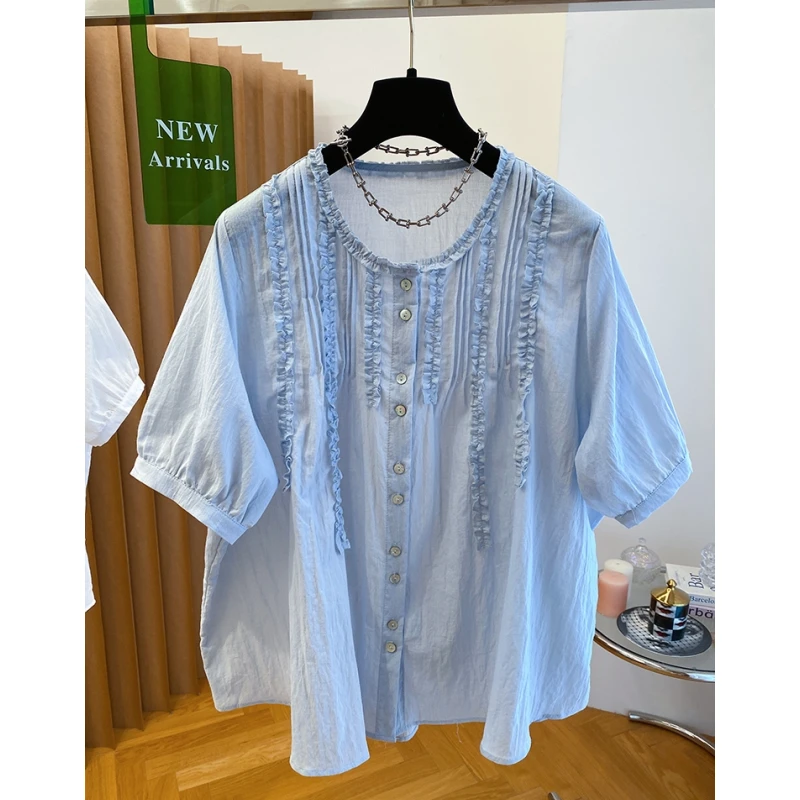 夏季木耳边蓝色圆领衬衫女短袖2025新款夏季宽松减龄薄款纯棉上衣
