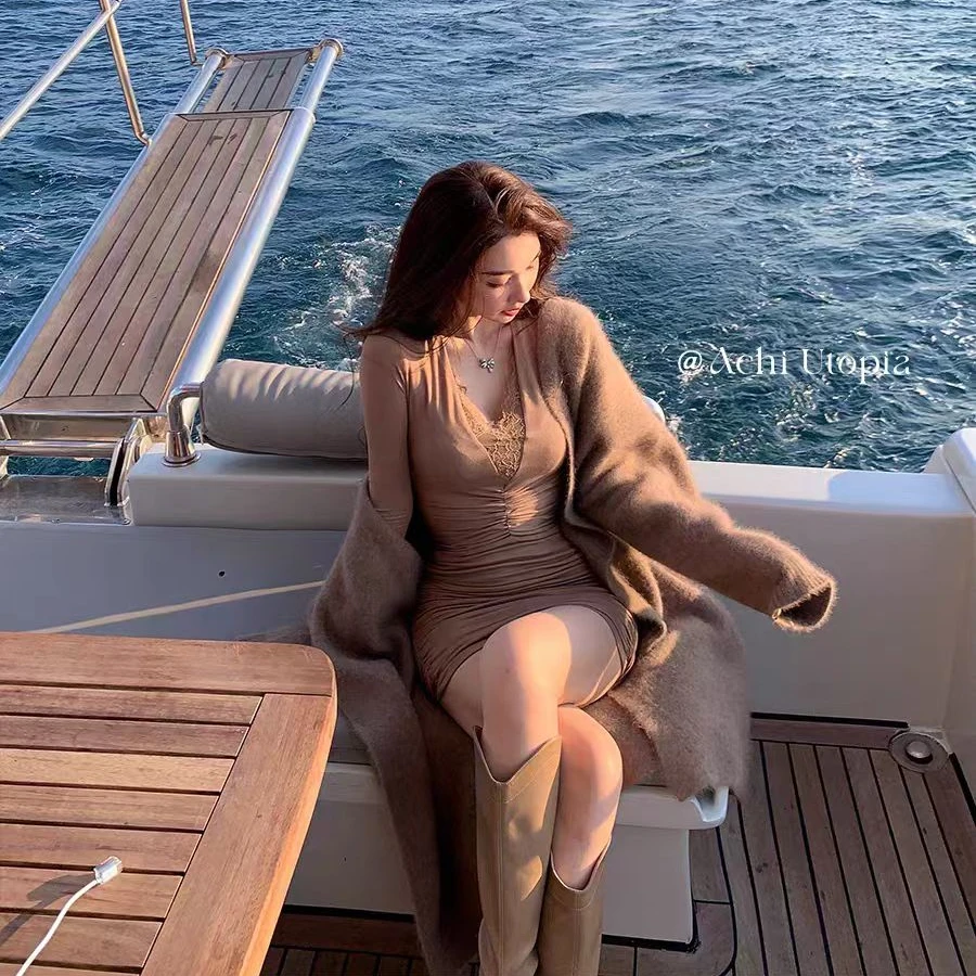 科切拉咖色v领蕾丝拼接褶皱包臀连衣裙大衣针织开衫中长款外套