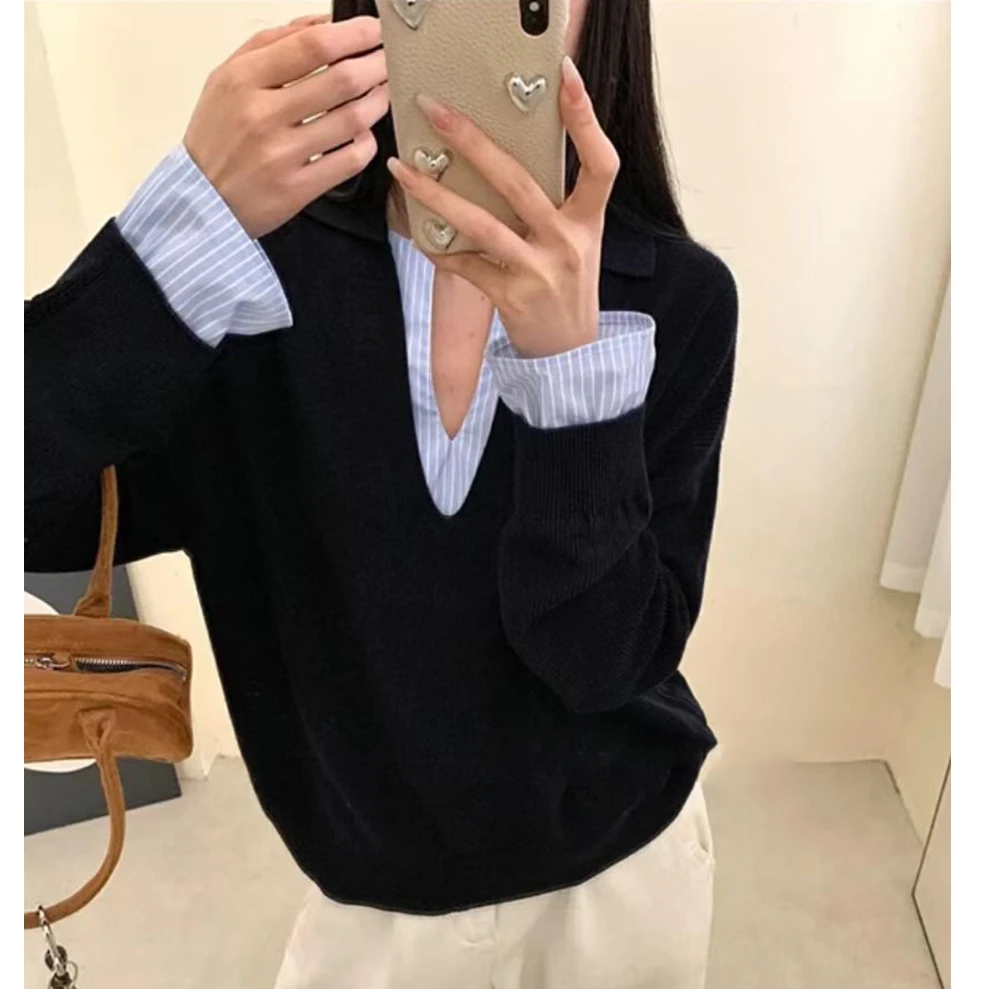 【大码】1302韩式条纹拼接假两件长袖针织女秋冬设计感宽松显瘦上衣