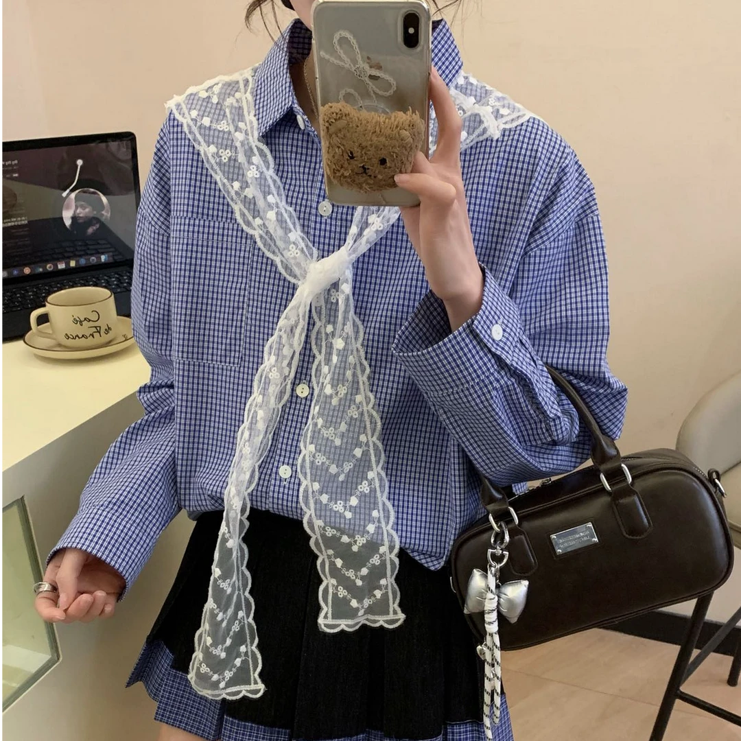 【蕾丝披肩格子衬衫】韩单！春季新款时尚简约蕾丝披肩格子翻领衬衫
