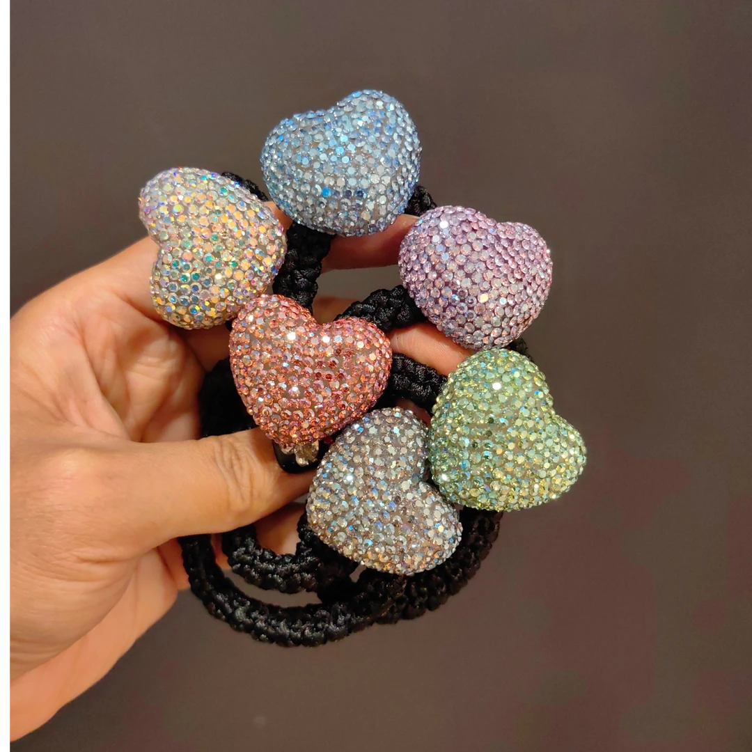 韩系新款甜美偏光密钻爱心发绳时尚精致高弹力马尾发绳丸子头皮筋