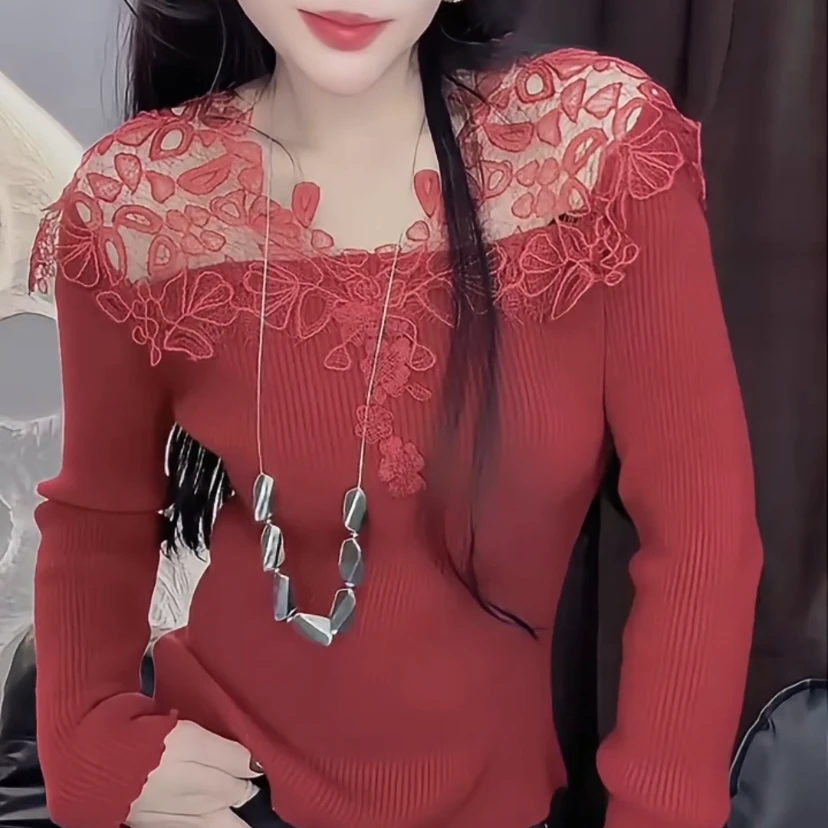 蕾丝花朵拼接针织衫毛衣女欧货春季新款高级感洋气百搭时尚上衣潮