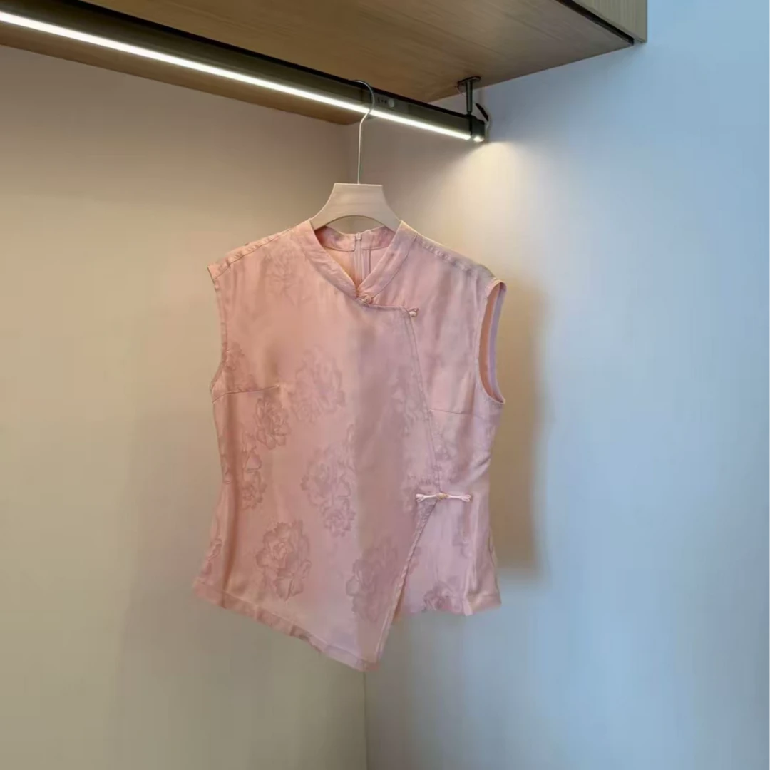 2025夏季新中式国风提花不规则无袖立领上衣显瘦CLZ