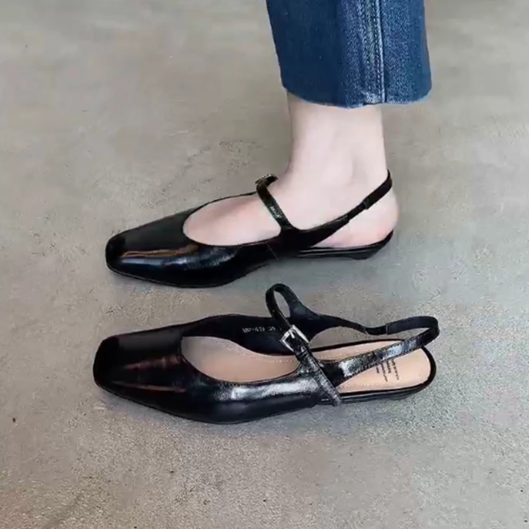 2.5cm牛皮学院风包头凉鞋高跟玛丽珍平底鞋时装凉鞋黑色方头