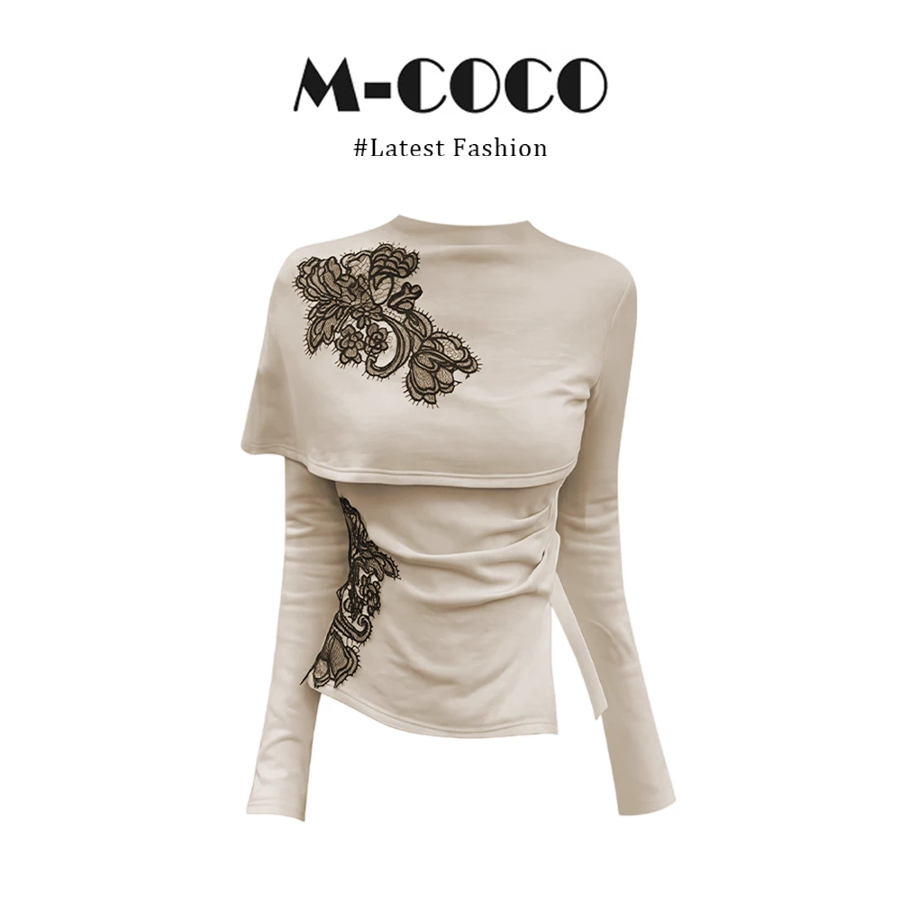 MARIE.COCO法式高级感刺绣长袖t恤女2025秋季不规则收腰打底上衣