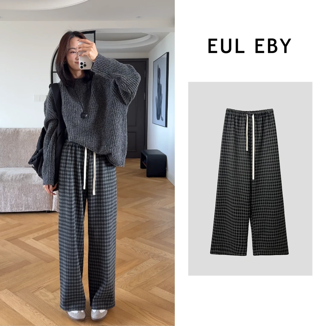 EUL EBY秋冬垂感显瘦格子裤抽绳松紧高腰宽松时尚休闲裤子251530#