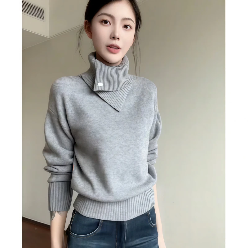 法式不规则设计感高领套头毛衣女秋冬季慵懒松弛风收腰短款针织衫