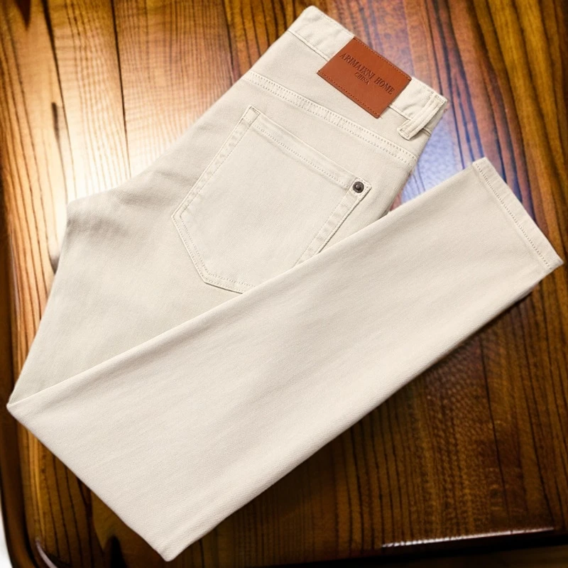 维斯克纳夏季薄款卡其色牛仔裤男修身小脚男装韩版潮流弹力百搭