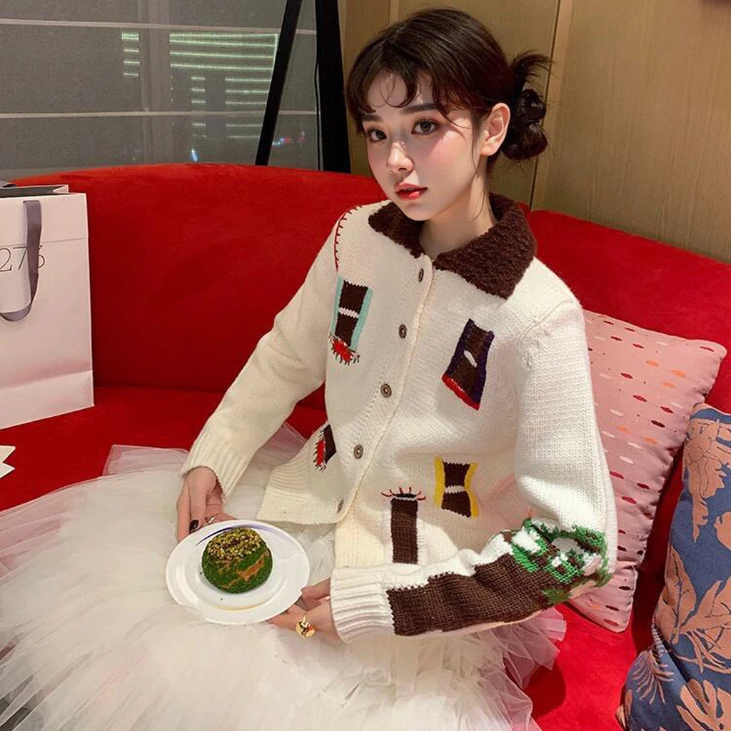 【花房】趣味提花洋气百搭撞色宽松翻领针织开衫.Y825