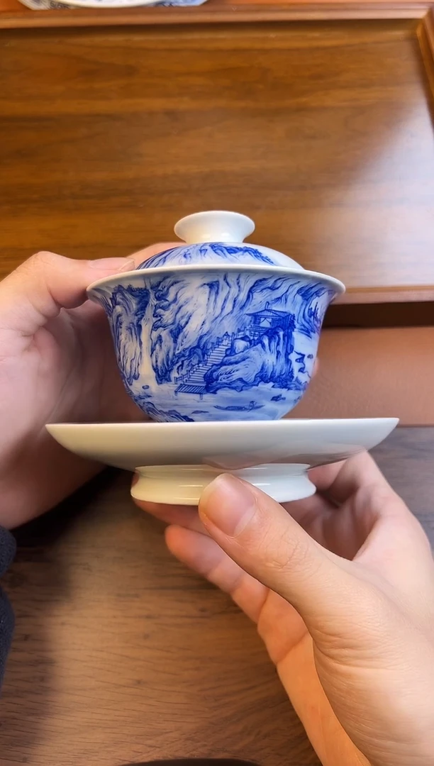 问青坊柴窑重工山水三才盖碗