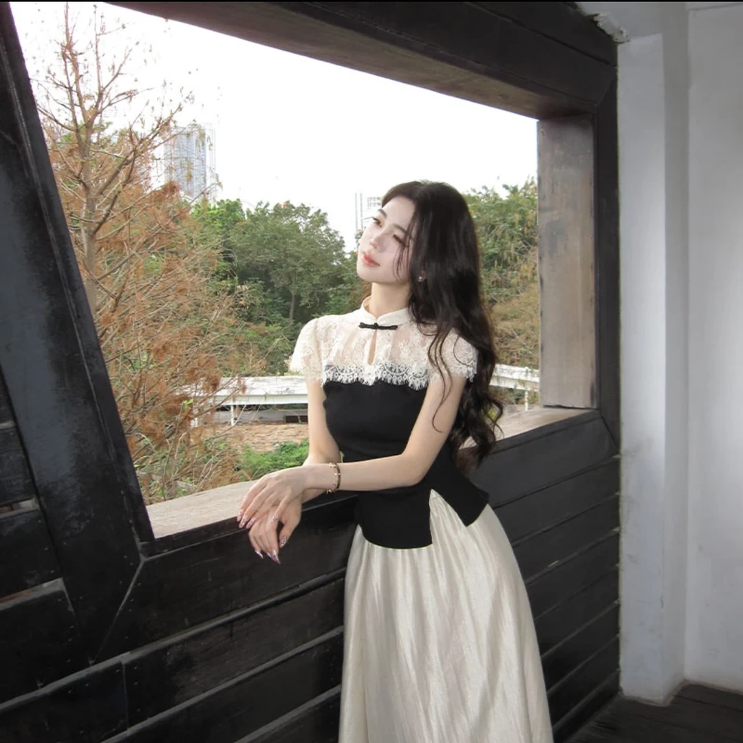 高级感时尚套装女夏季新款新中式蕾丝拼接气质上衣+A字裙两件套