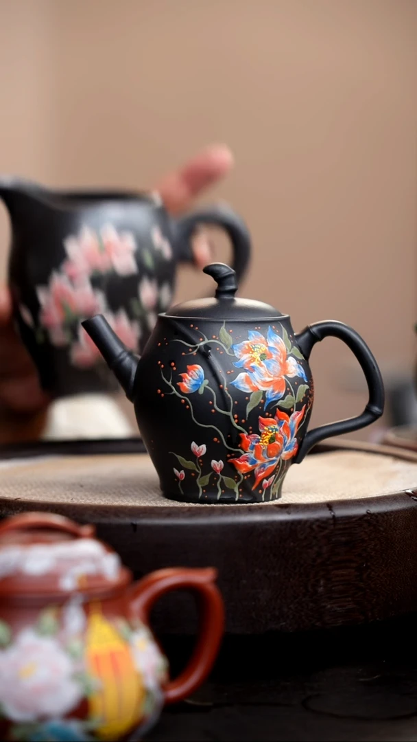 茶壶紫砂云雾天青竹韵泥绘荷花+公道杯