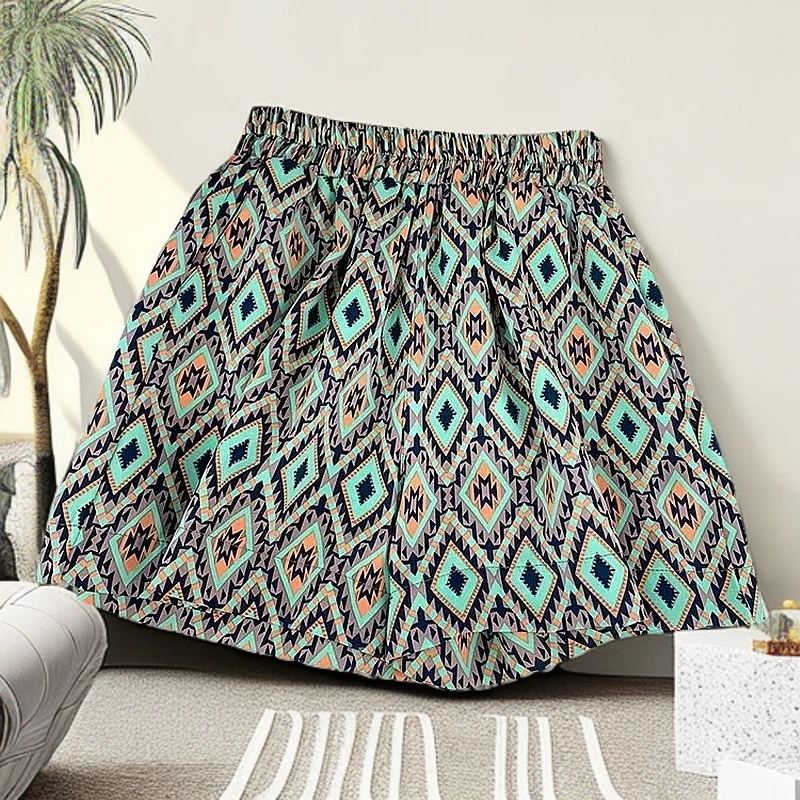 8477菱形格纹印花设计感宽松短裤女夏民族度假风休闲阔腿a字裤