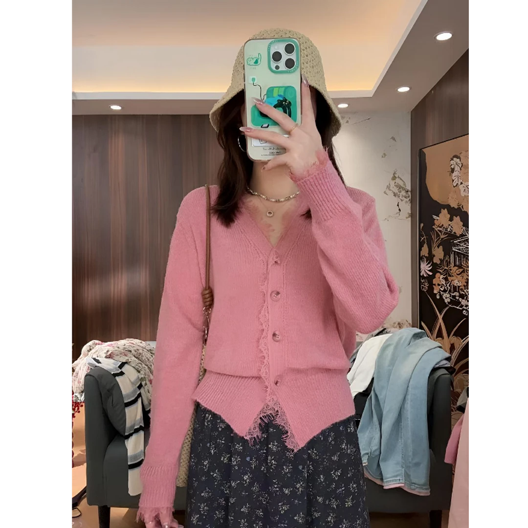 【LIbaibai】春装新款2025年蕾丝花边针织长袖开衫BB-1573