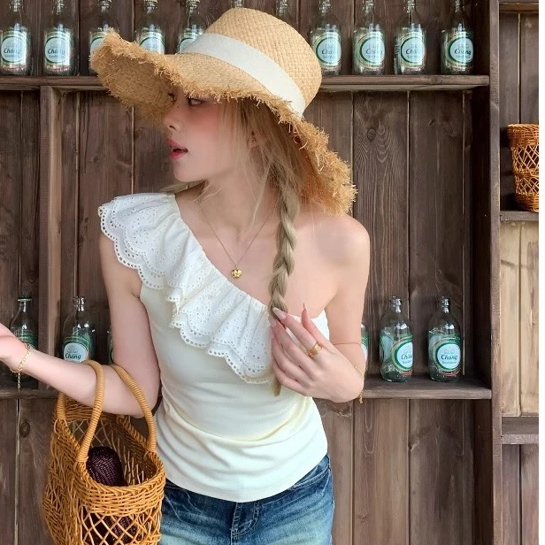 法式荷叶边修身显瘦针织t恤女款夏季2025新款设计感斜肩百搭上衣