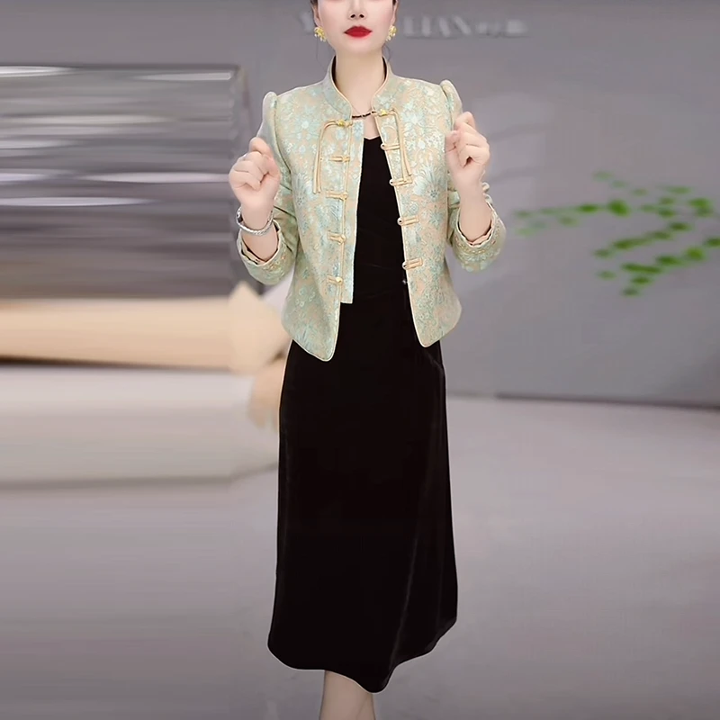 奥地绒时尚轻奢新中式女装2025秋冬季新款气质优雅显瘦连衣裙套装