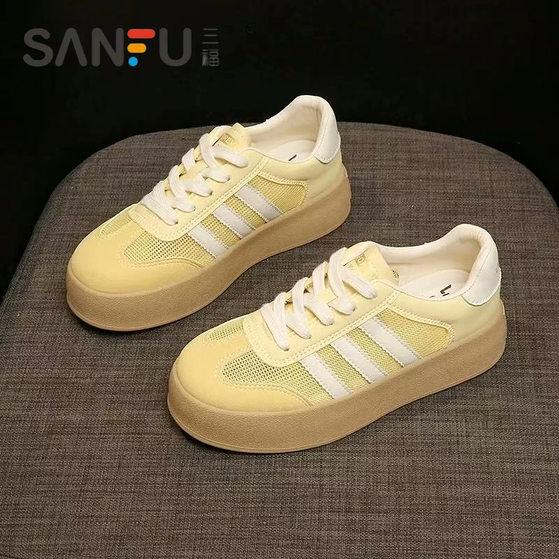 三福爆款透气网面黄色德训鞋女夏季2025年新款百搭休闲板鞋阿甘鞋