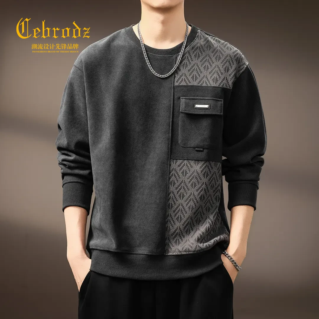 法国Cebrodz潮牌设计感猫眼拼布提花圆领卫衣男秋季宽松休闲百搭
